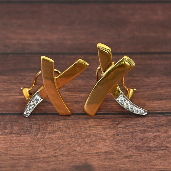 Tiffany & Co. Paloma Picasso Large X Kiss Earrings 18K Gold Platinum Diamonds