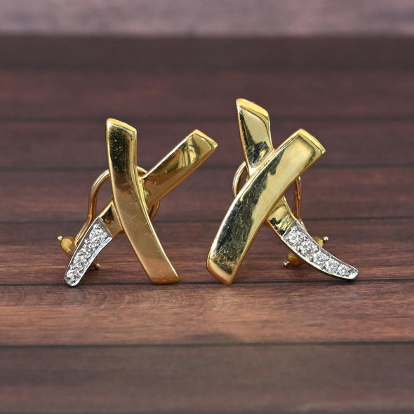 Tiffany & Co. Paloma Picasso Large X Kiss Earrings 18K Gold Platinum Diamonds