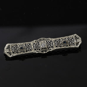 Art Deco Diamond and Sapphire Filigree Brooch in 14k White Gold