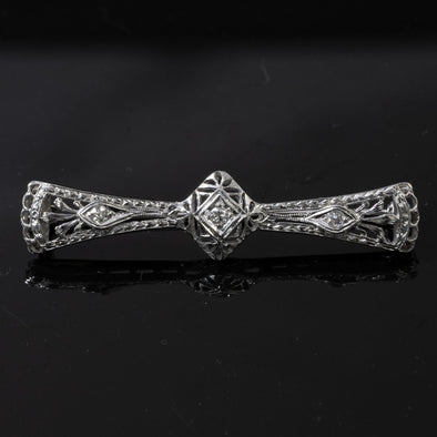 Art Deco Diamond Filigree Brooch in 14k White Gold