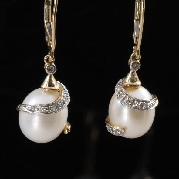 Diamond Wrapped Pearl Dangle Earrings