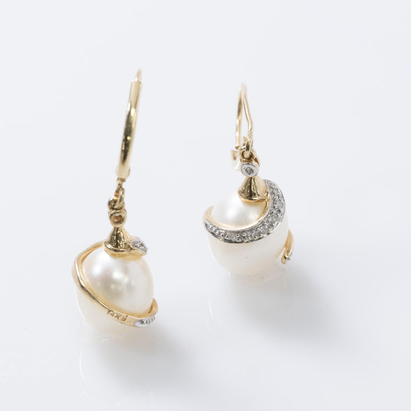 Diamond Wrapped Pearl Dangle Earrings