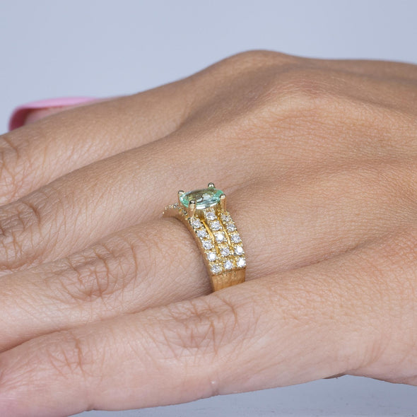 GIA Green Paraiba Tourmaline Oval and Diamond Ring in 14K Yellow Gold