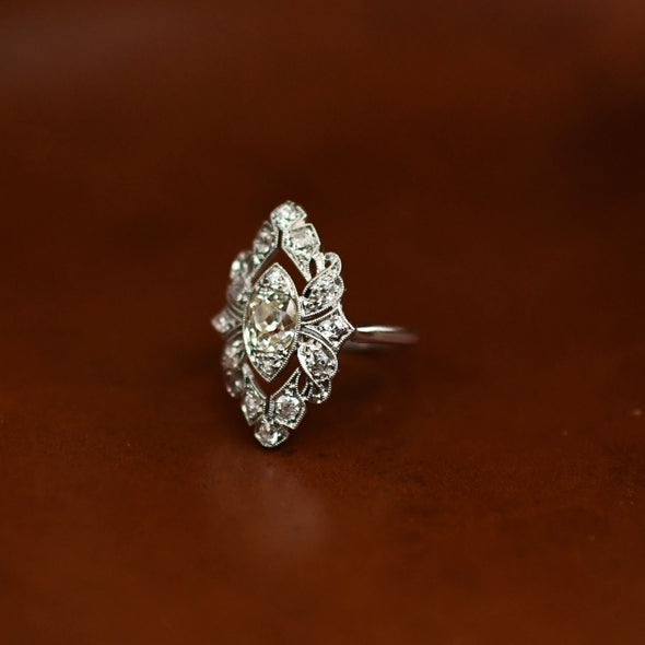 Edwardian Platinum TRAUB Floral 1.02Ct Old Mine Cut Diamond Antique Shield Ring