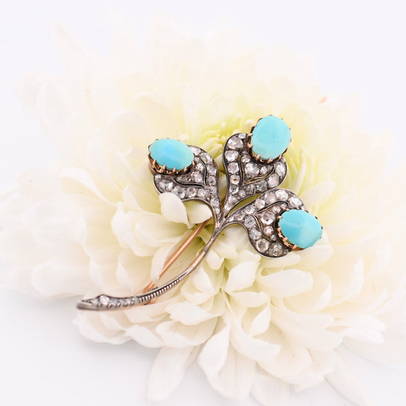 Edwardian Turquoise Cabochon & Diamond Clover Floral Antique Brooch Art Deco
