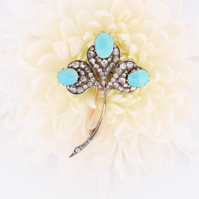 Edwardian Turquoise Cabochon & Diamond Clover Floral Antique Brooch Art Deco