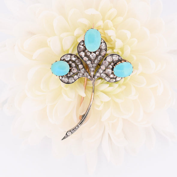 Edwardian Turquoise Cabochon & Diamond Clover Floral Antique Brooch Art Deco