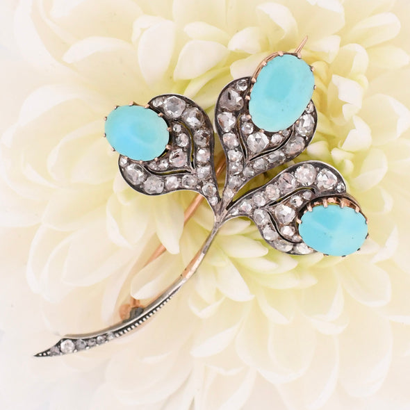 Edwardian Turquoise Cabochon & Diamond Clover Floral Antique Brooch Art Deco