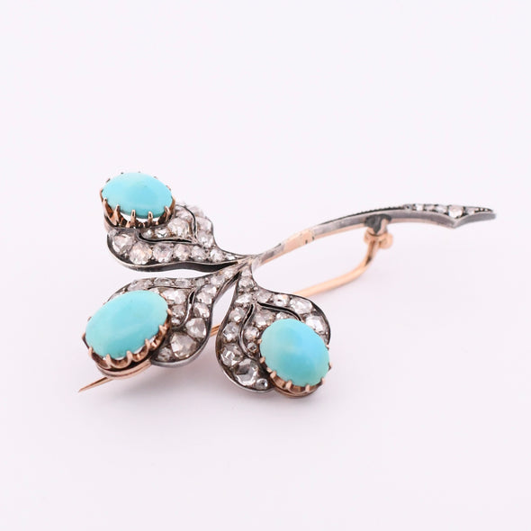 Edwardian Turquoise Cabochon & Diamond Clover Floral Antique Brooch Art Deco