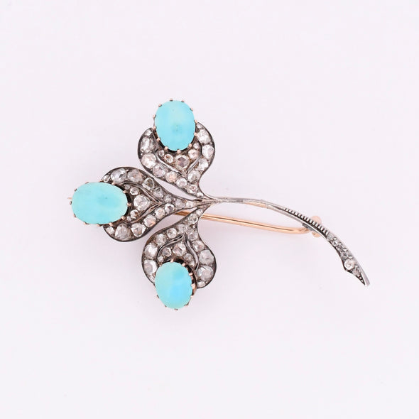 Edwardian Turquoise Cabochon & Diamond Clover Floral Antique Brooch Art Deco