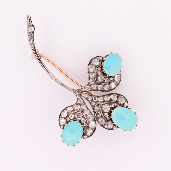 Edwardian Turquoise Cabochon & Diamond Clover Floral Antique Brooch Art Deco