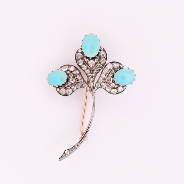 Edwardian Turquoise Cabochon & Diamond Clover Floral Antique Brooch Art Deco