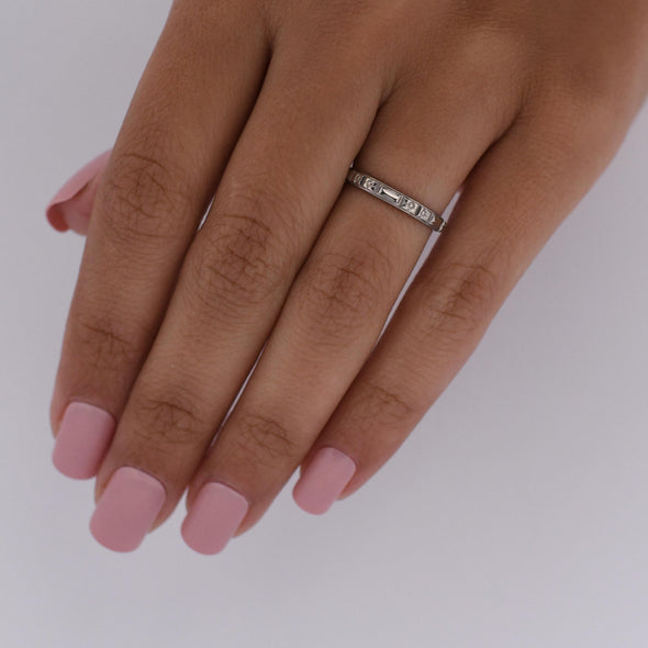 Vintage Orange Blossom Pattern 18K White Gold Wedding Band Size 6