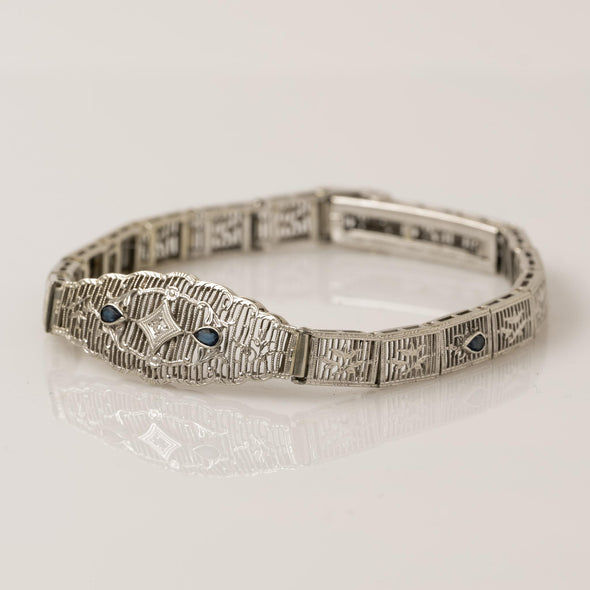 Art Deco Diamond & Sapphire Filigree Bracelet