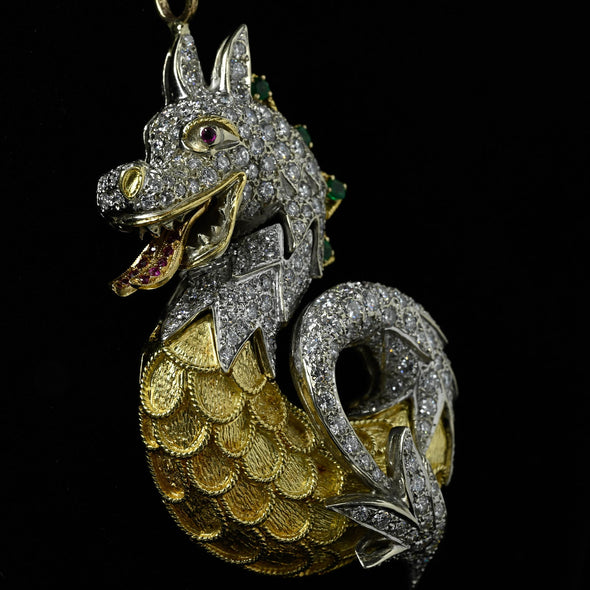 Sea Monster Dragon 8 ctw Diamond, Emerald, & Ruby 18k Gold Articulated Pendant