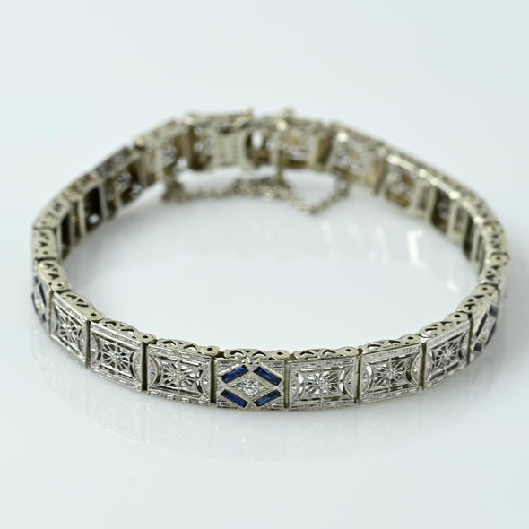 Art Deco Sapphire & Diamond Filigree Bracelet Platinum on 14k Gold