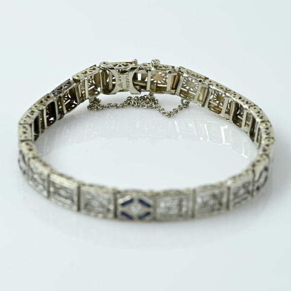 Art Deco Sapphire & Diamond Filigree Bracelet Platinum on 14k Gold