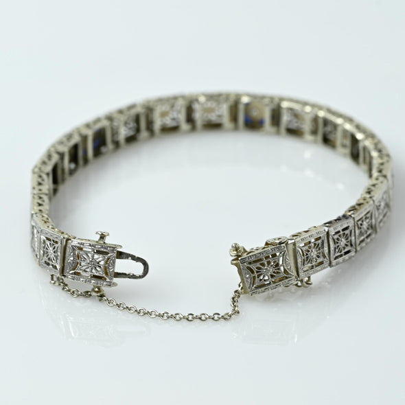 Art Deco Sapphire & Diamond Filigree Bracelet Platinum on 14k Gold