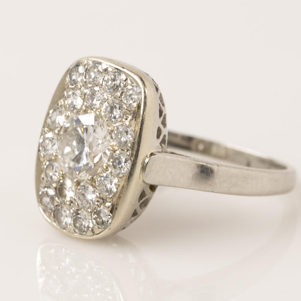 Art Deco 1.54ctw Old European Cut Diamond Cluster Platinum Ring