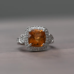 Citrine Cushion Diamond Halo 18K White Gold Ring