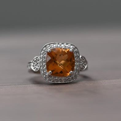 Citrine Cushion Diamond Halo 18K White Gold Ring