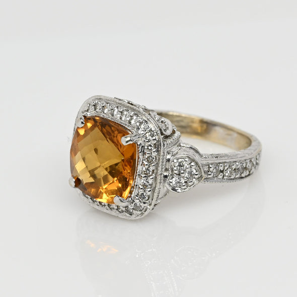 Citrine Cushion Diamond Halo 18K White Gold Ring