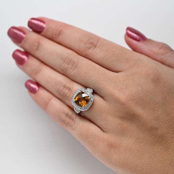 Citrine Cushion Diamond Halo 18K White Gold Ring