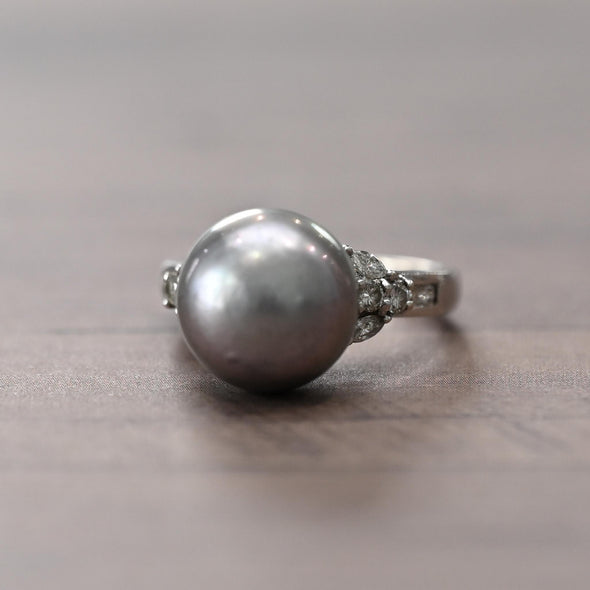 12mm Tahitian Pearl & Diamond 18k White Gold Ring