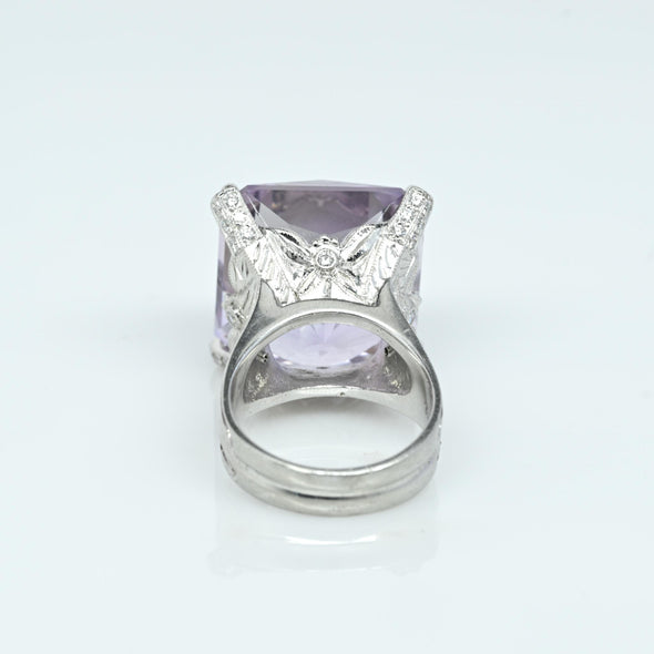 Impressive Fancy Cut Amethyst & Diamond Engraved Platinum Ring