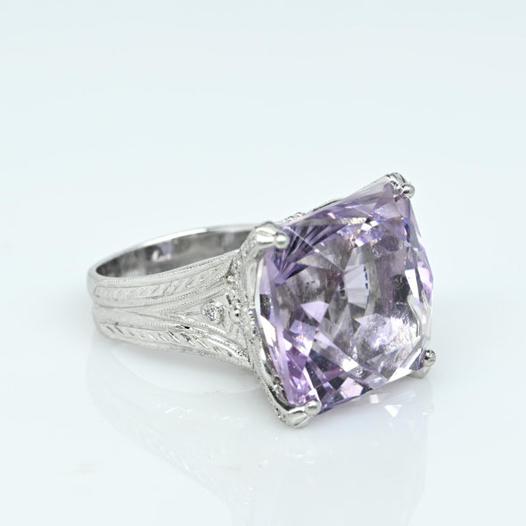 Impressive Fancy Cut Amethyst & Diamond Engraved Platinum Ring