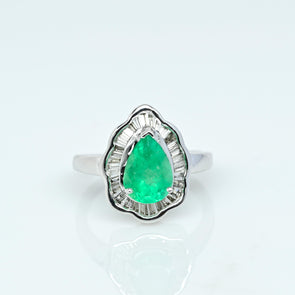 Emerald Pear Diamond Baguette Ballerina Ring 14 White Gold