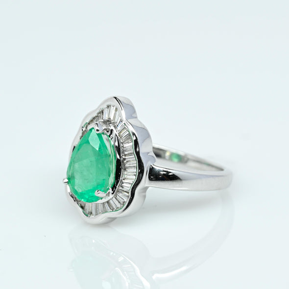 Emerald Pear Diamond Baguette Ballerina Ring 14 White Gold