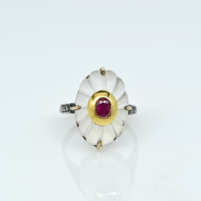 Vintage Carved Rock Crystal Ruby & Diamond 18k Gold Ring