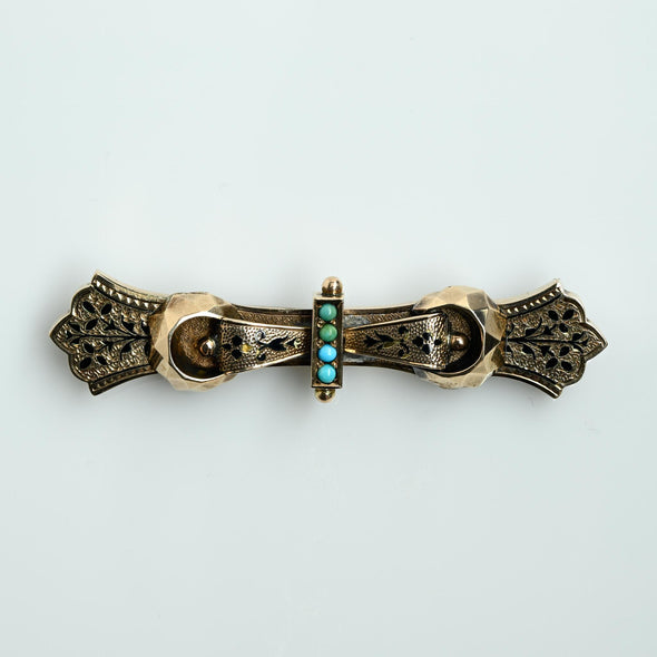 Victorian Turquoise and Enamel Yellow Gold Brooch