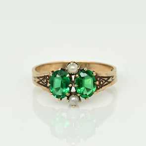 Antique 10K Victorian Two Stone Green Glass and Seed Pearl Gemstone Ring