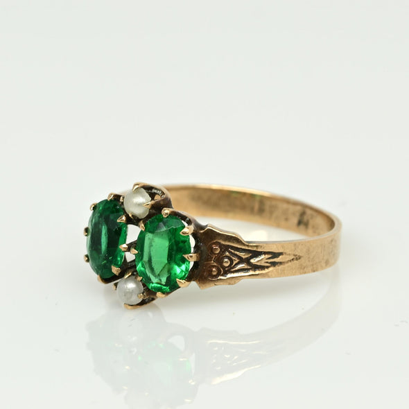 Antique 10K Victorian Two Stone Green Glass and Seed Pearl Gemstone Ring