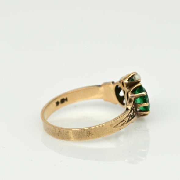 Antique 10K Victorian Two Stone Green Glass and Seed Pearl Gemstone Ring