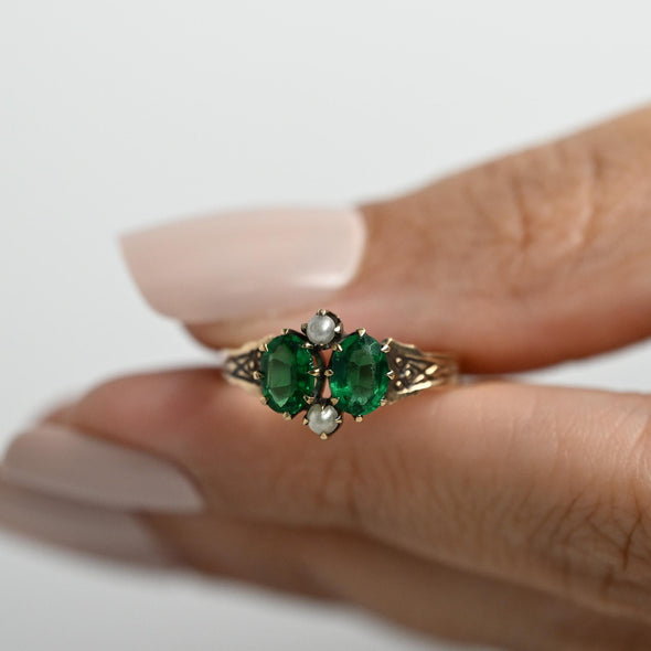 Antique 10K Victorian Two Stone Green Glass and Seed Pearl Gemstone Ring