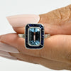 Art Deco Platinum Emerald Cut Aqua With Sapphire Halo Ring