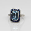 Art Deco Platinum Emerald Cut Aqua With Sapphire Halo Ring