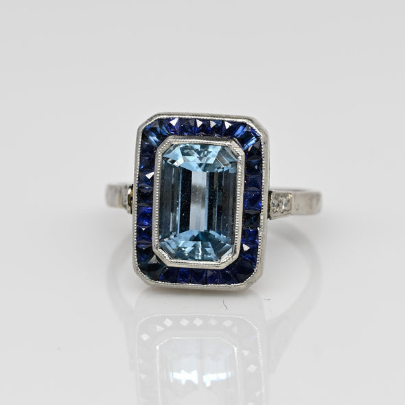 Art Deco Platinum Emerald Cut Aqua With Sapphire Halo Ring