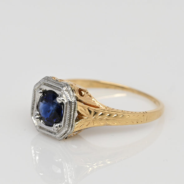 Art Deco Sapphire Solitaire 14K Two Tone Engraved Filigree Ring