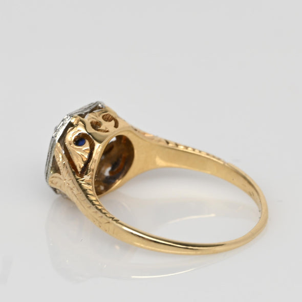 Art Deco Sapphire Solitaire 14K Two Tone Engraved Filigree Ring