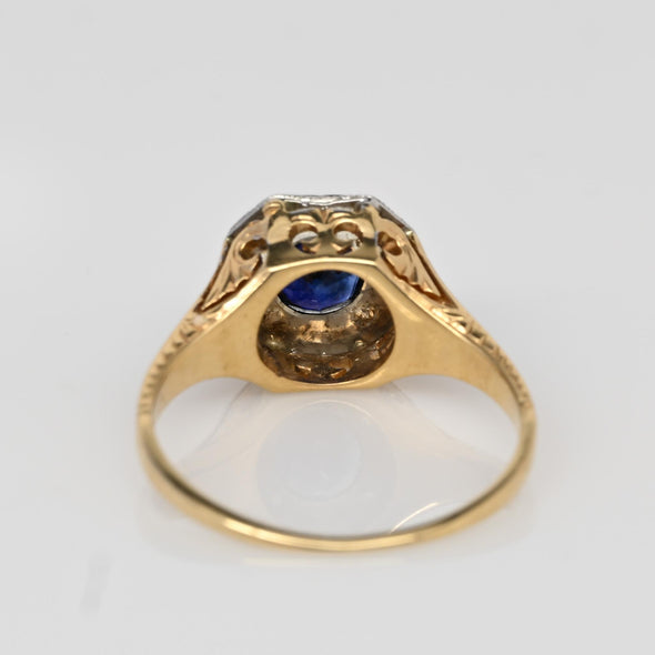 Art Deco Sapphire Solitaire 14K Two Tone Engraved Filigree Ring