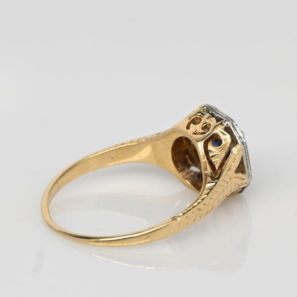 Art Deco Sapphire Solitaire 14K Two Tone Engraved Filigree Ring