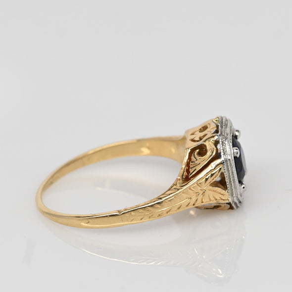 Art Deco Sapphire Solitaire 14K Two Tone Engraved Filigree Ring