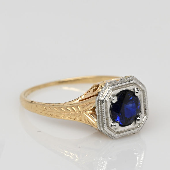 Art Deco Sapphire Solitaire 14K Two Tone Engraved Filigree Ring