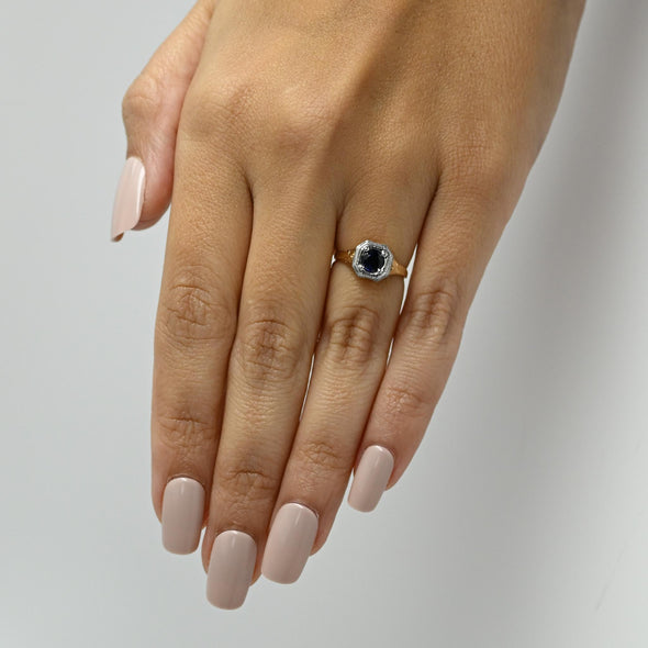 Art Deco Sapphire Solitaire 14K Two Tone Engraved Filigree Ring
