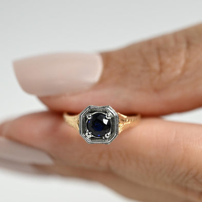 Art Deco Sapphire Solitaire 14K Two Tone Engraved Filigree Ring