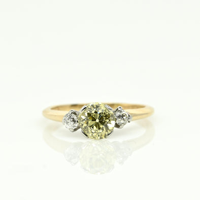 Circa 1920's Art Deco 1930's Two Tone Platinum & 14K Gold 3 Stone Fancy Yellow